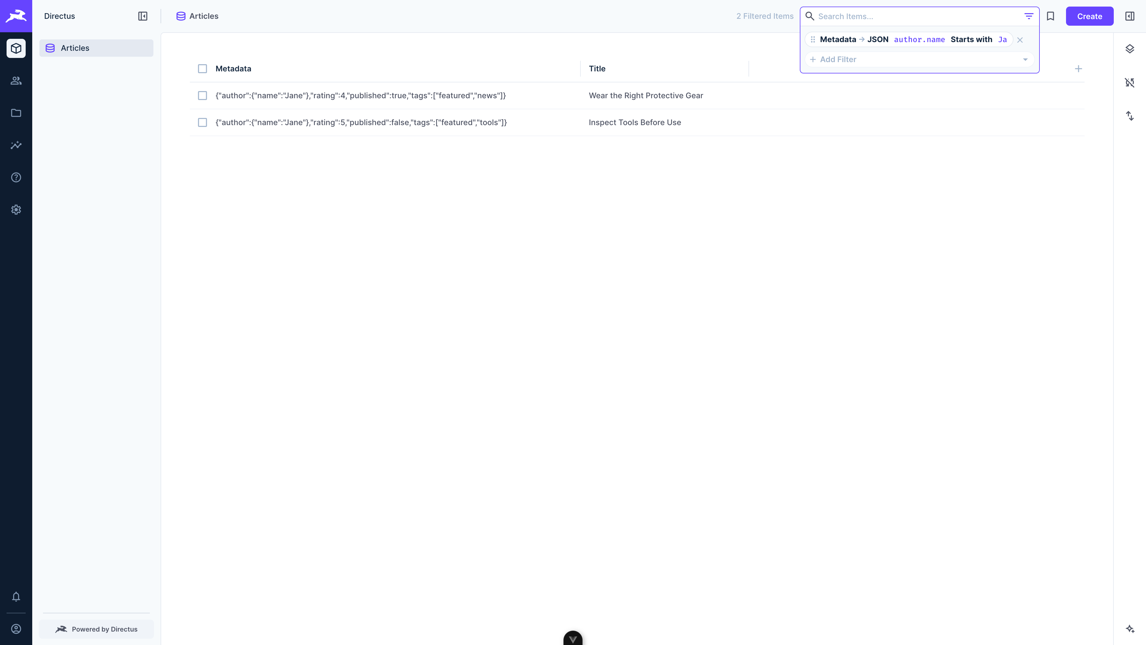A JSON filter on the path author.name using the Starts with operator with the value Ja